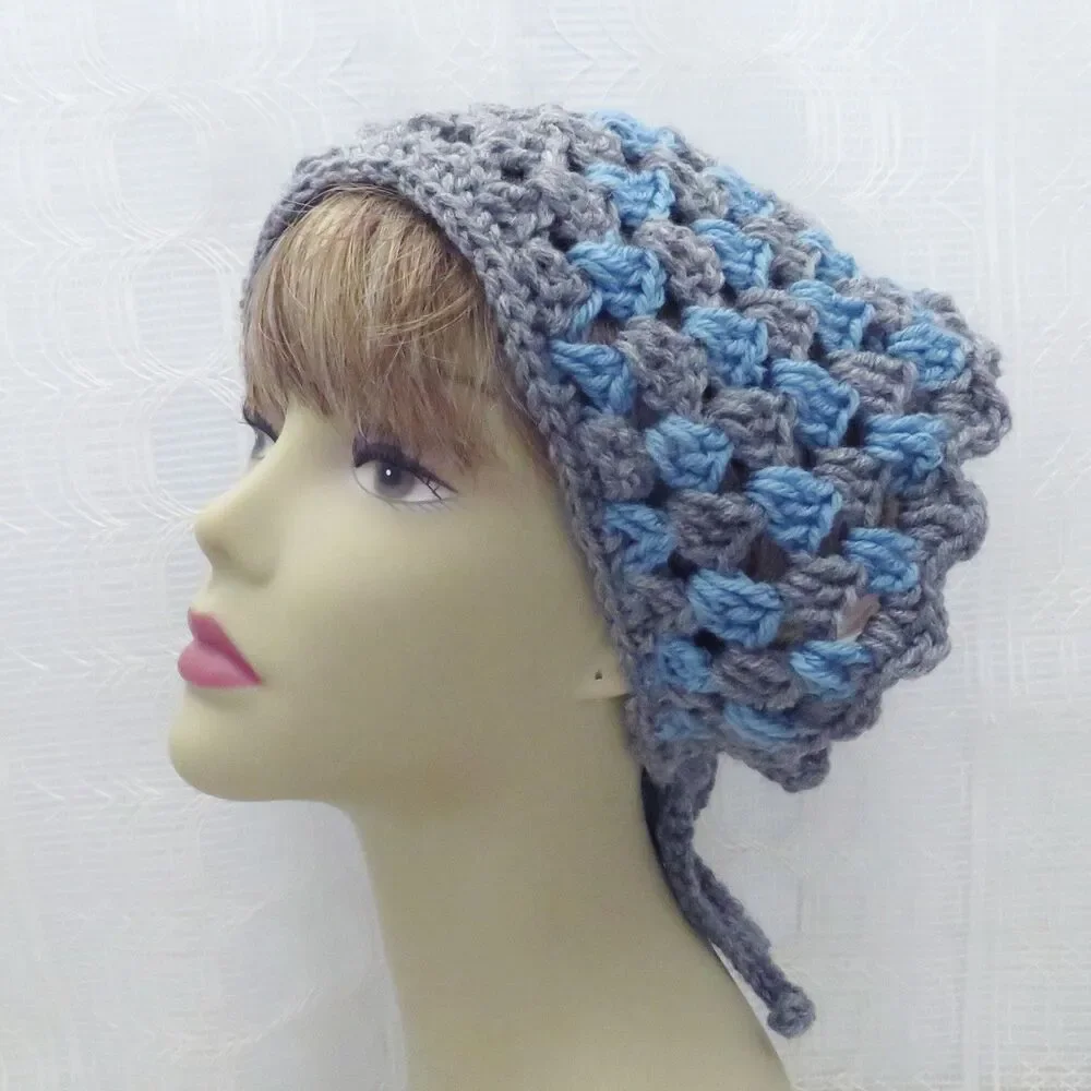 Handmade Crocheted Gray and Blue Bandana, Boho Style Head Covering, Cottage Core